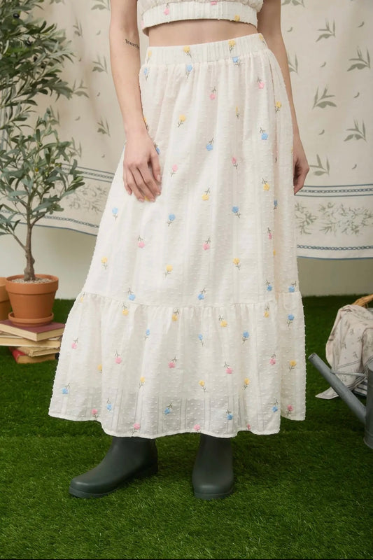 April Showers Embroidered Midi Skirt