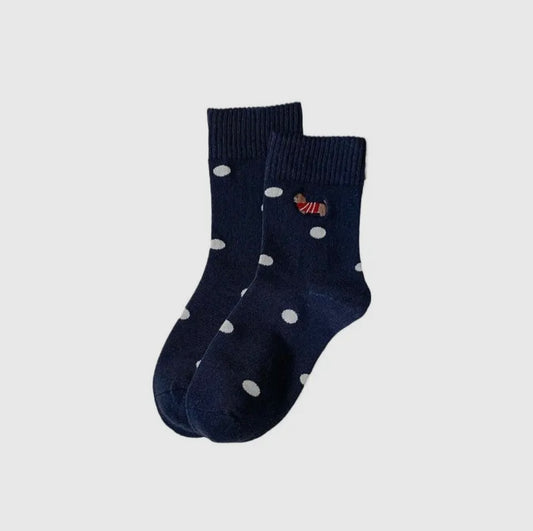 Dog Embroidered Navy Dots Socks