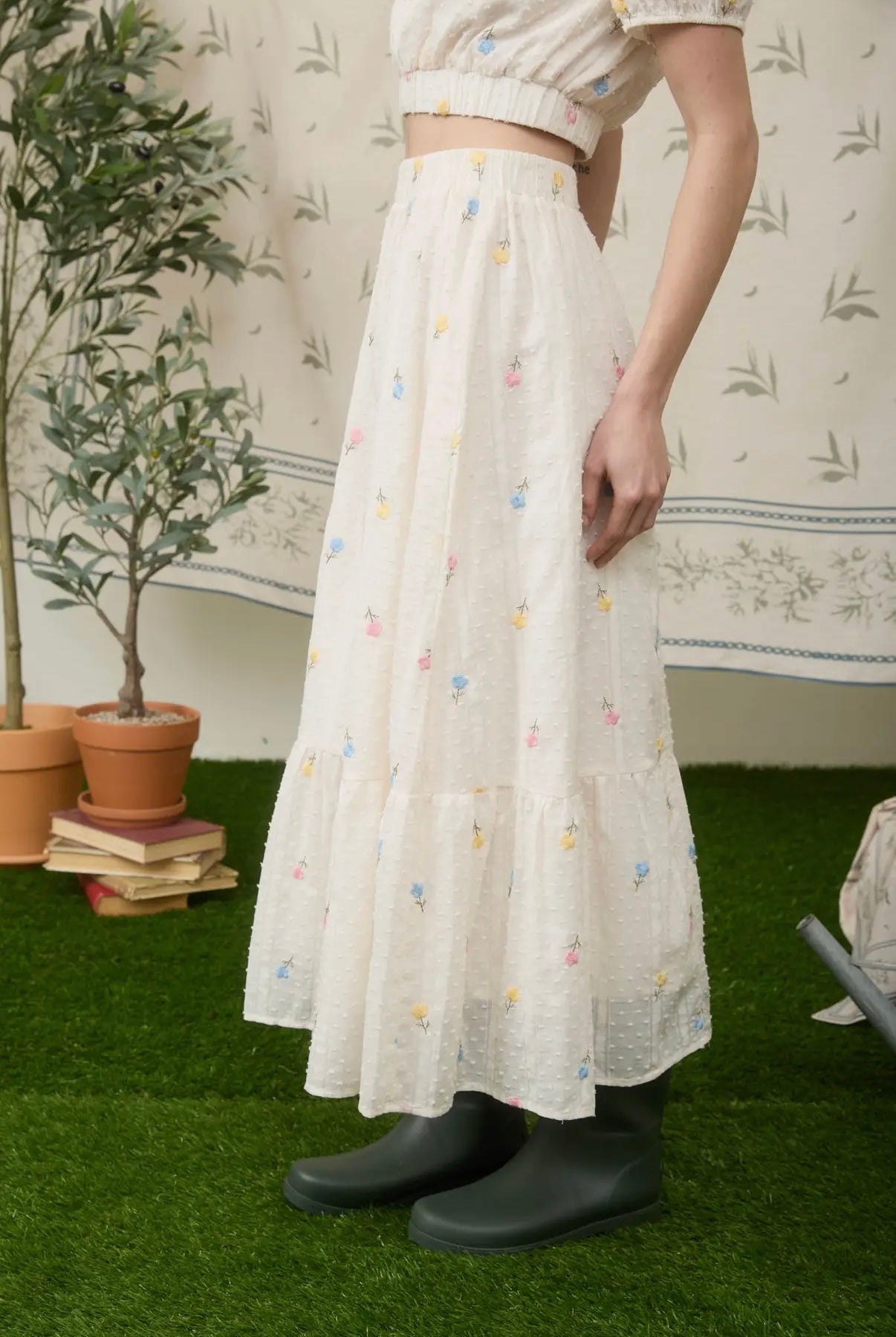 April Showers Embroidered Midi Skirt