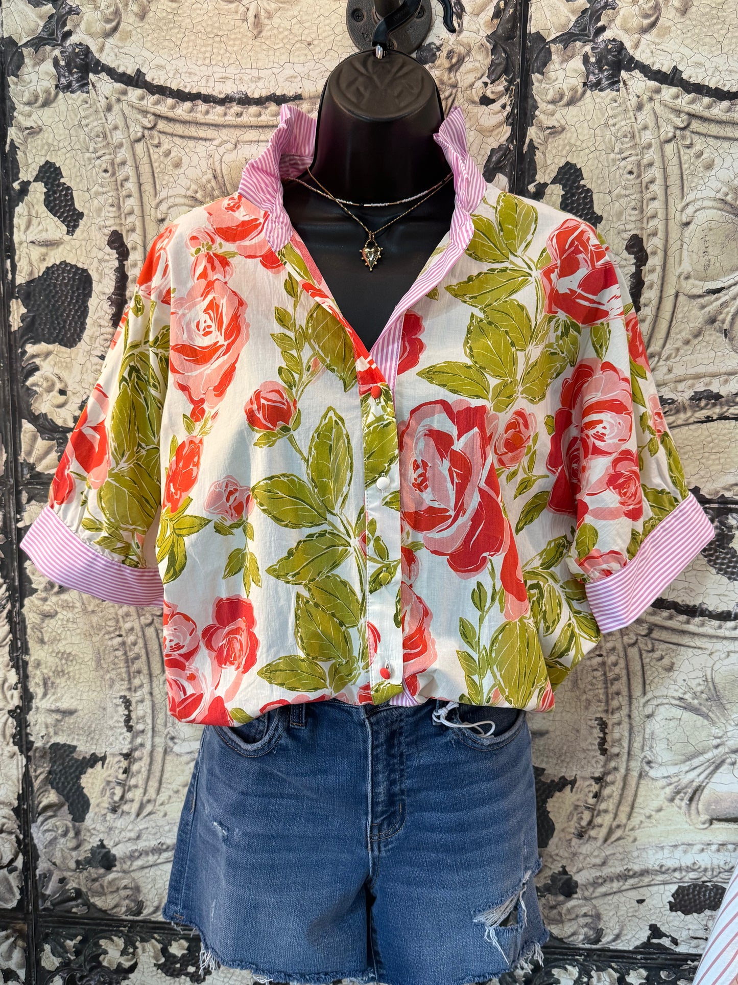 Pink Stripe Ruffle Collar Blouse