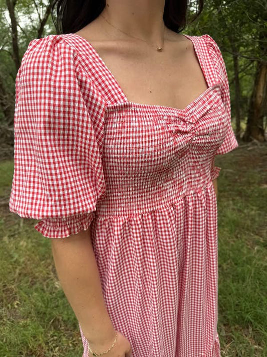 Strawberry Red Gingham Tiered Dress