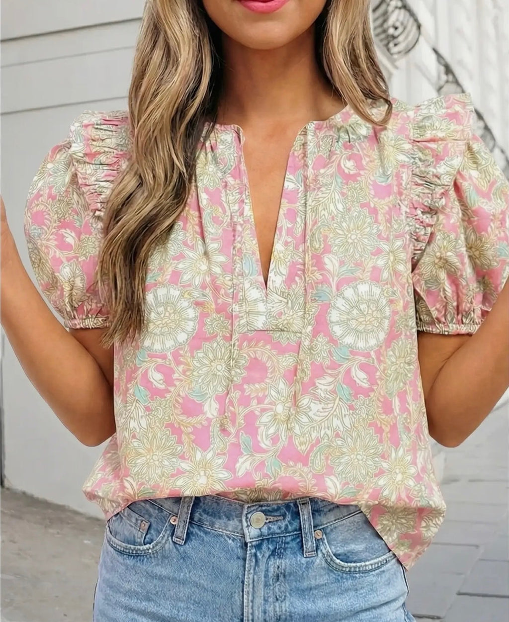 Pink Botanical Ruffled Blouse