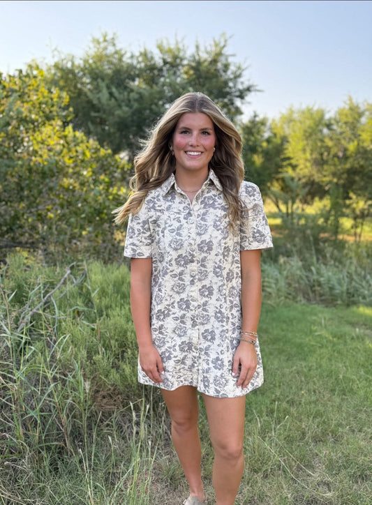Greige Vintage Floral Denim Dress