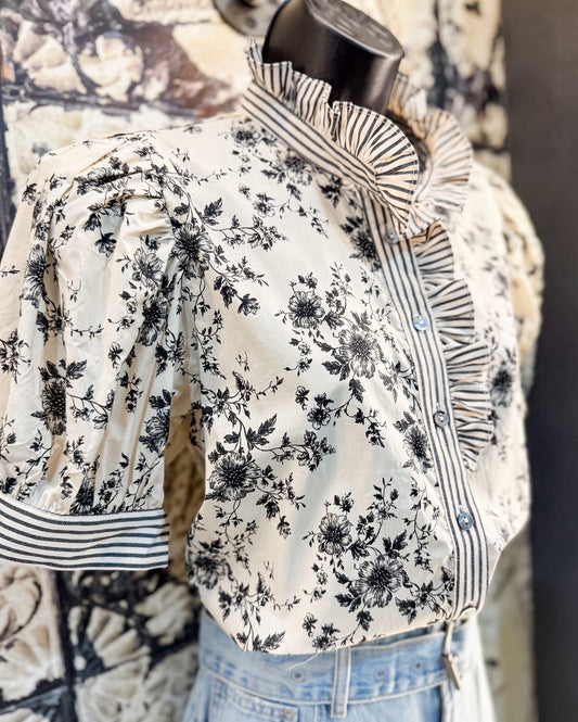 French Floral Ruffled Collar Blouse