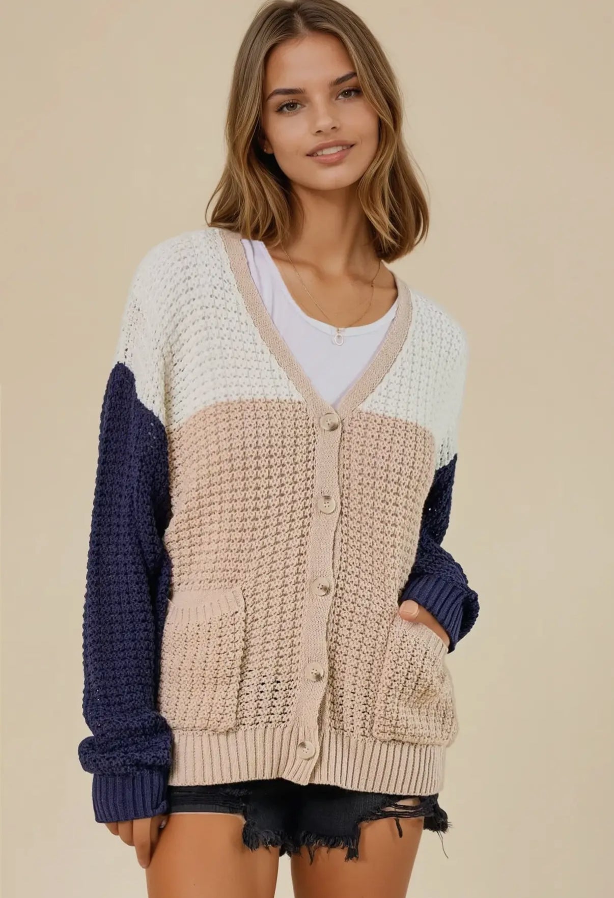 Sand & Navy Color Block Cardigan Sweater