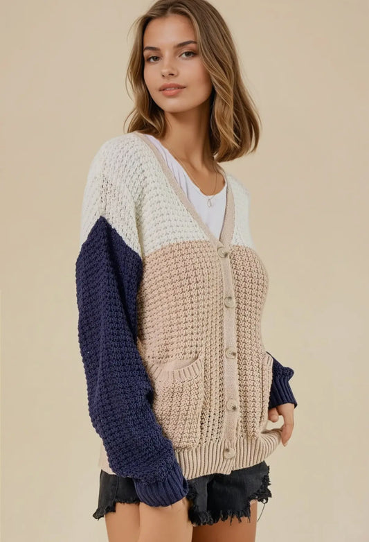 Sand & Navy Color Block Cardigan Sweater