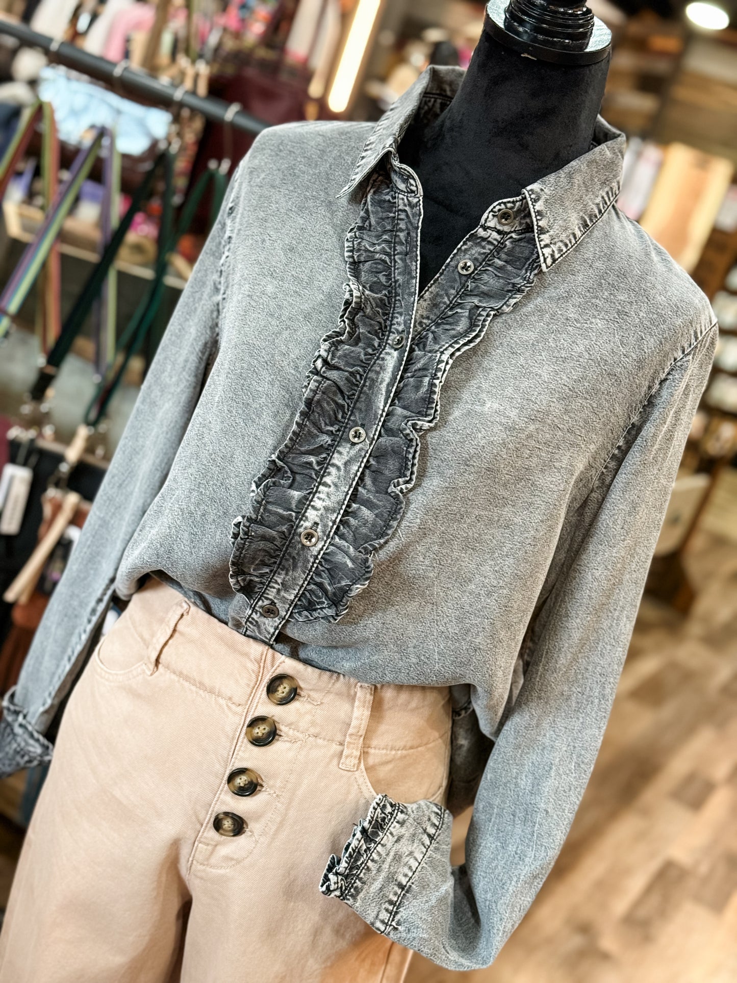 Ruffled Chambray Denim Shirt