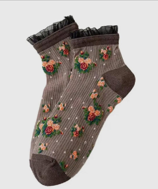 Floral Lace Brown Socks
