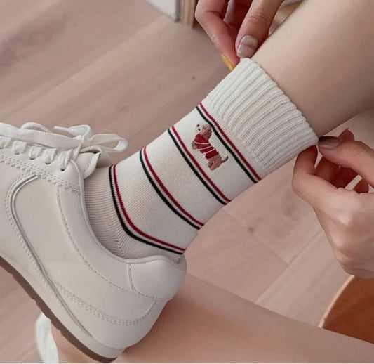 Dog Embroidered Striped Socks