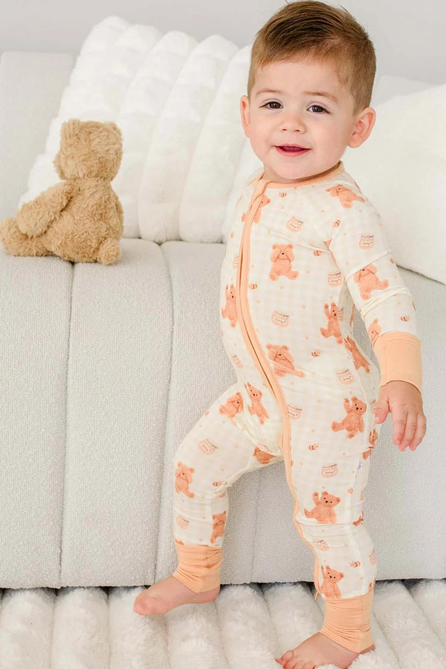 Convertible Bamboo Zip Romper| Honey Bear| 6-12 Months