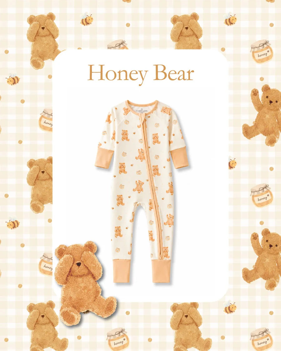 Caden Lane | Convertible Bamboo Zip Romper| Honey Bear| 6-12 Months
