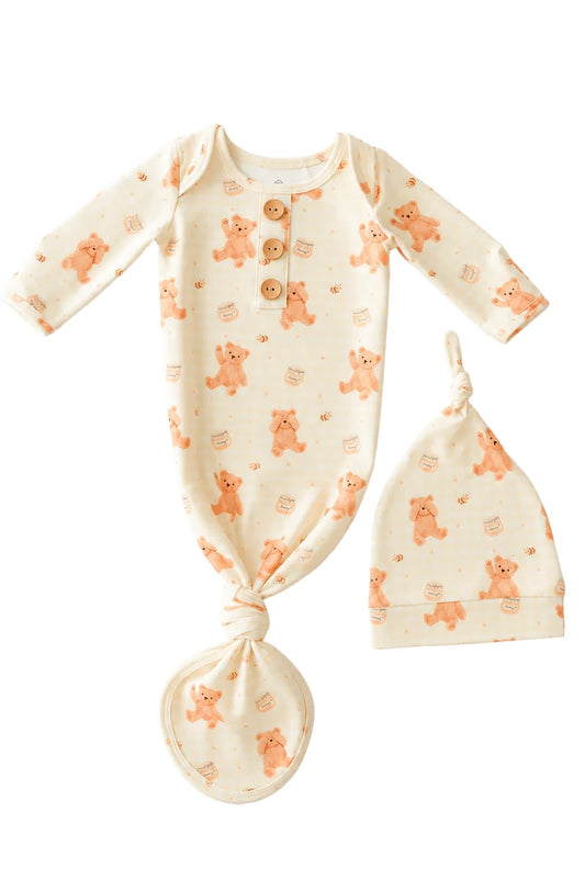 Honey Bear | Newborn Baby Knot Gown & Hat Set