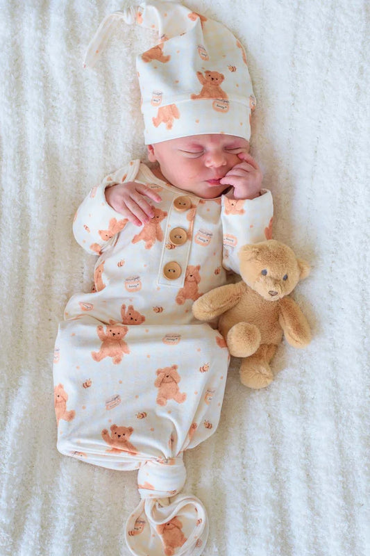 Honey Bear | Newborn Baby Knot Gown & Hat Set