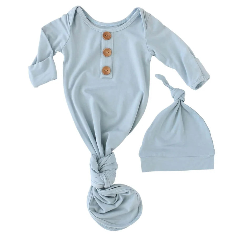 Caden Lane | Solid Light Dusty Blue Bamboo Knot Gown & Hat