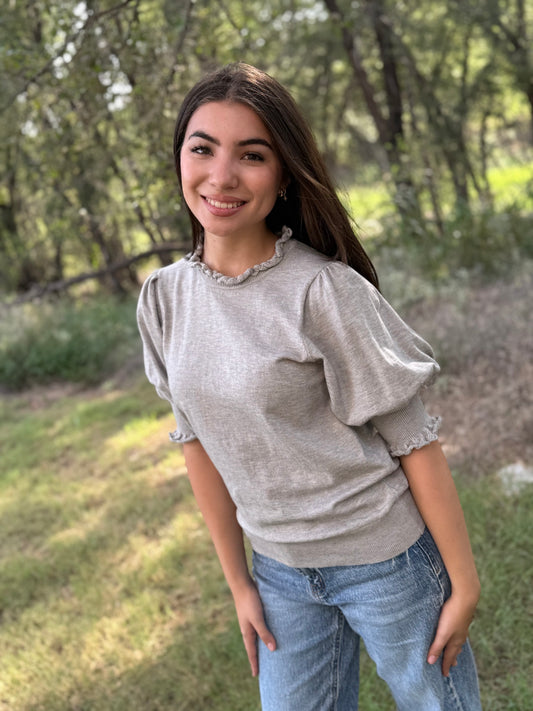 Heather Grey Ruffled Trim Sweater