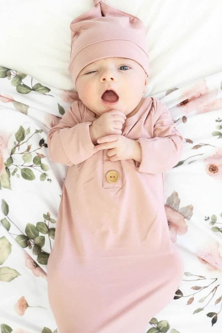 Caden Lane | Solid Mauve Bamboo Baby Knot Gown & Hat Set