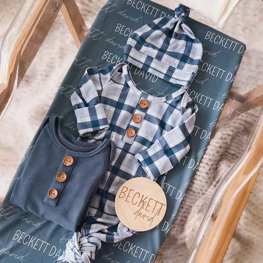 Paxton's Plaid Baby Knot Gown & Hat Set