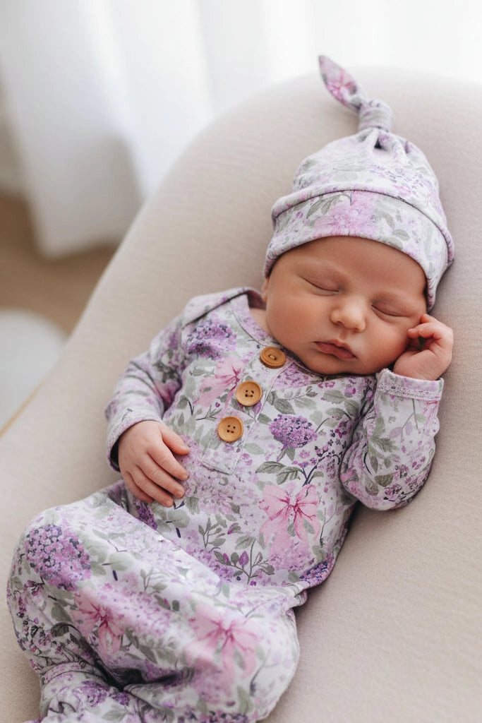 Lavender Lullaby Baby Knot Gown & Hat Set