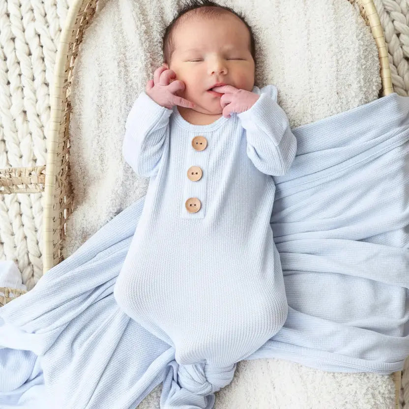 Caden Lane | Ice Blue Bamboo Waffle Baby Knot Gown & Hat Set