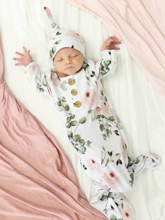 Millie's Dusty Rose Garden Baby Knot Gown & Hat Set