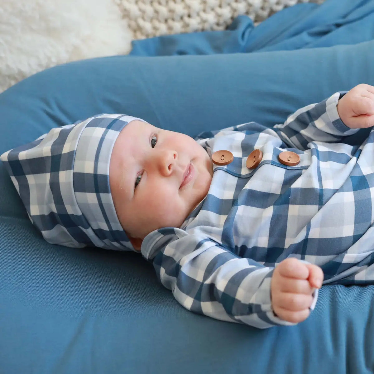 Caden Lane | Paxton's Plaid Baby Knot Gown & Hat Set