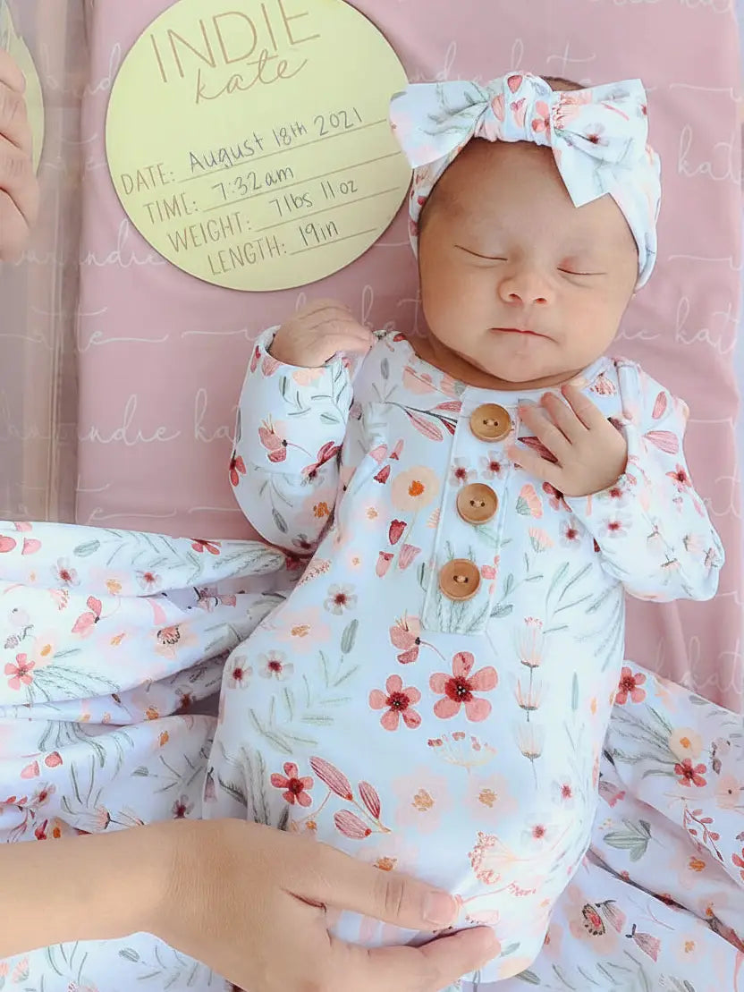Caden Lane | Wren's Wildflowers Baby Knot Gown & Hat Set