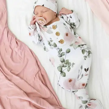 Millie's Dusty Rose Garden Baby Knot Gown & Hat Set