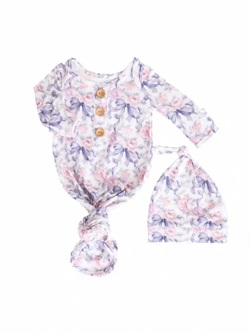 Leighton's Lavender Baby Knot Gown & Hat Set