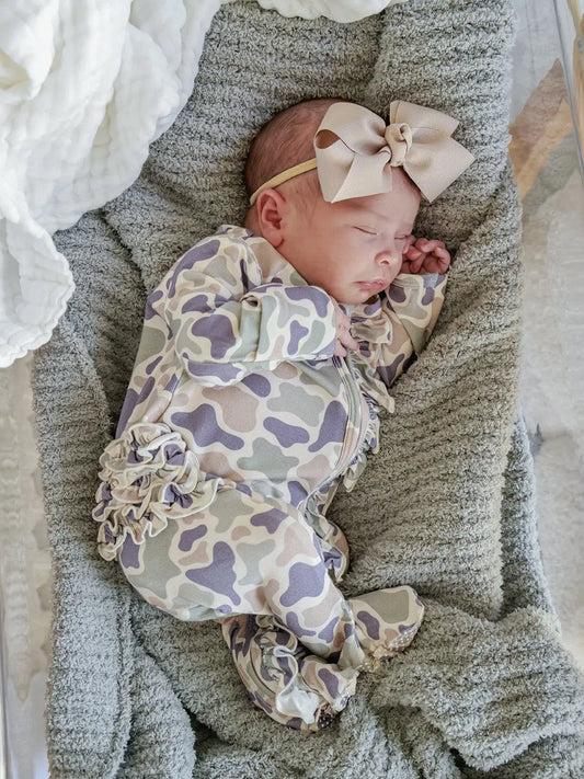 Camo Cutie Ruffle Bamboo Zipper Footie | 3-6m