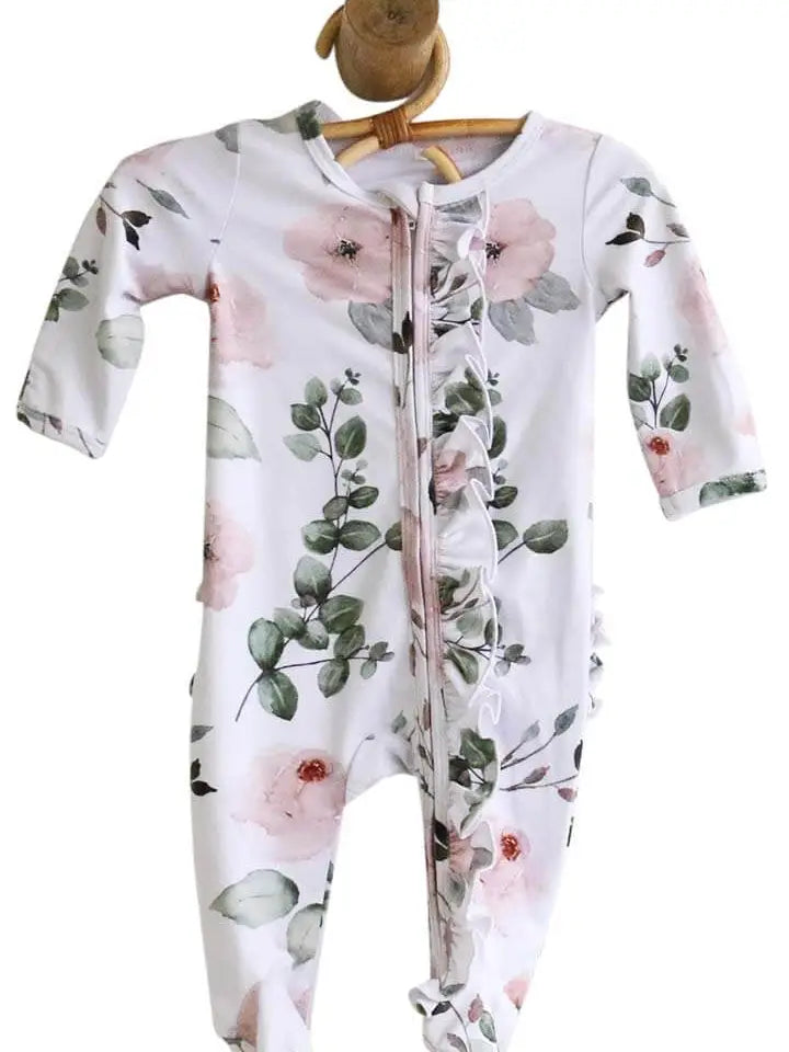 Millie's Dusty Rose Floral Ruffle Zipper Footie | 0-3m