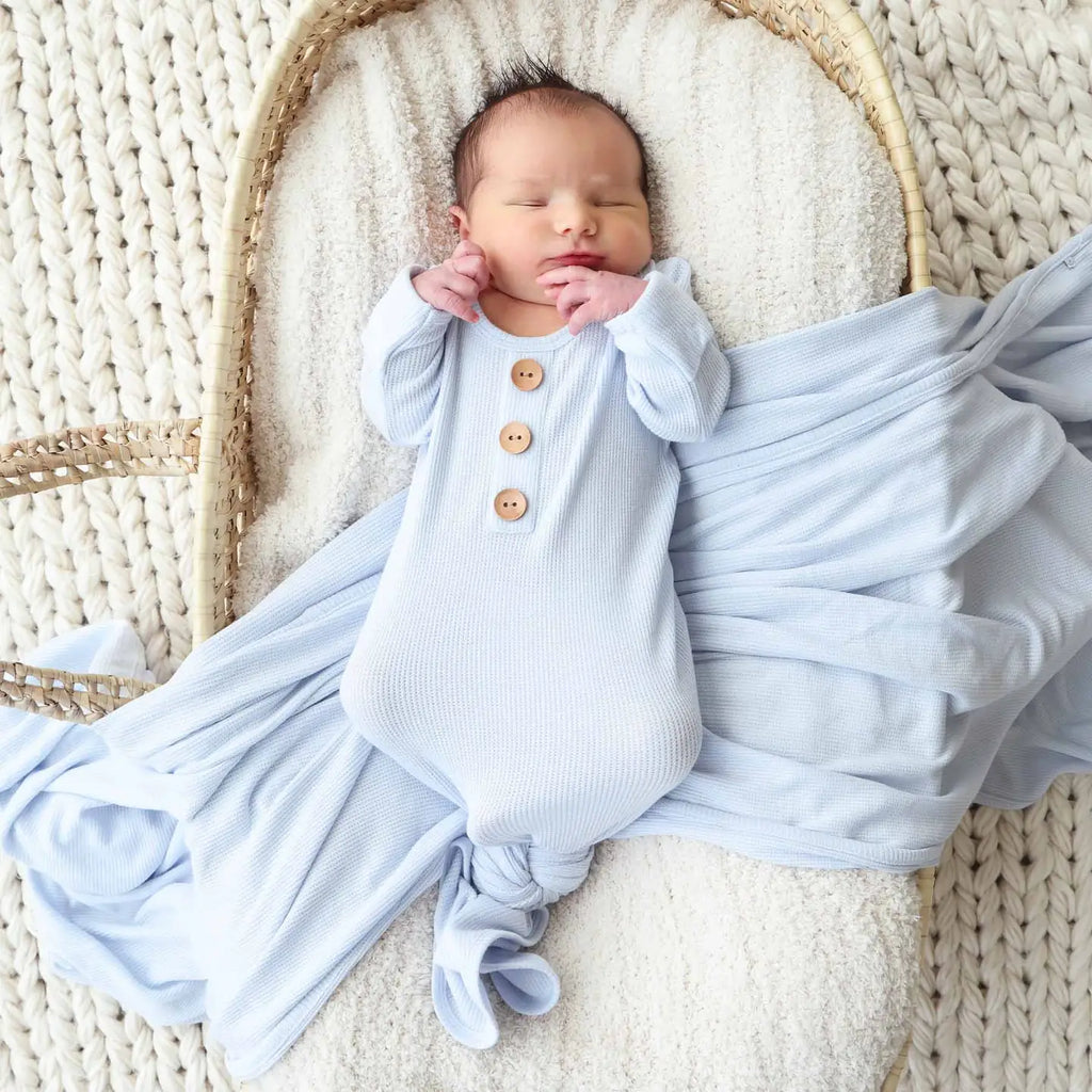 Caden Lane | Ice Blue Bamboo Waffle Baby Knot Gown & Hat Set
