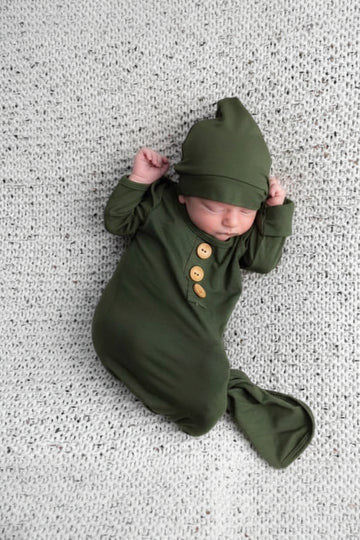 Caden Lane | Solid Olive Bamboo Baby Knot Gown & Hat
