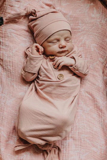 Caden Lane | Solid Mauve Bamboo Baby Knot Gown & Hat Set