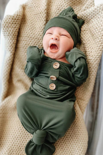 Caden Lane | Solid Olive Bamboo Baby Knot Gown & Hat
