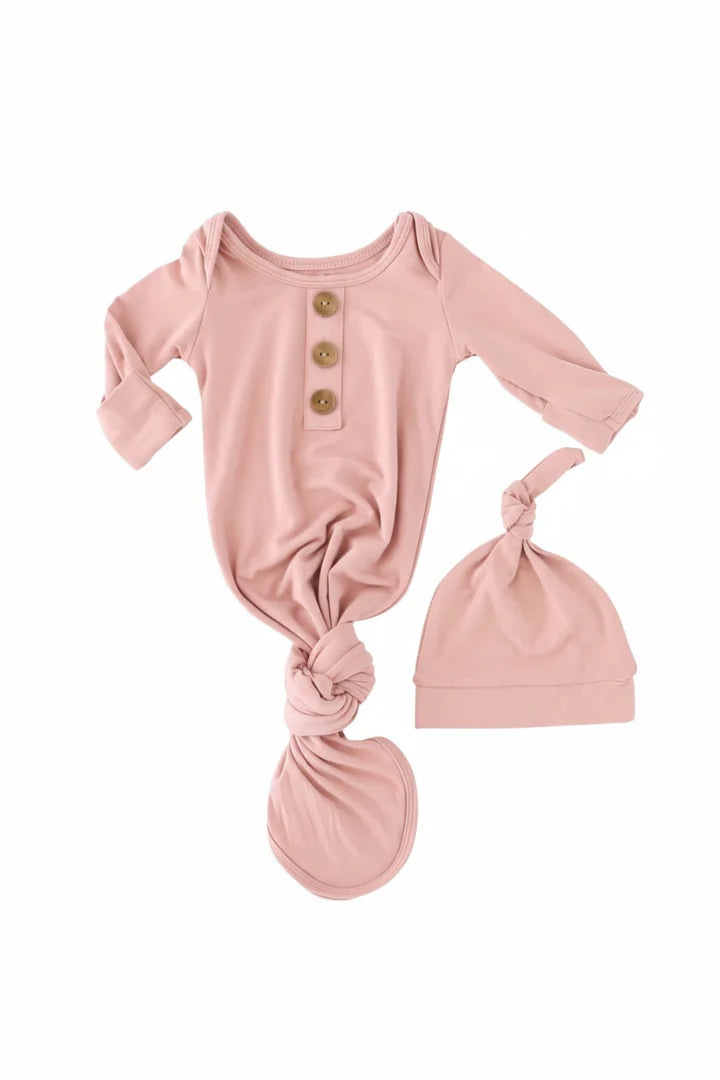 Caden Lane | Solid Mauve Bamboo Baby Knot Gown & Hat Set