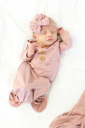 Caden Lane | Solid Mauve Bamboo Baby Knot Gown & Hat Set
