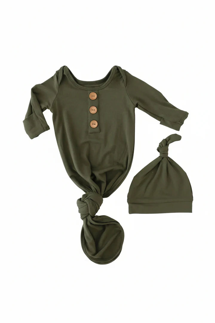 Caden Lane | Solid Olive Bamboo Baby Knot Gown & Hat