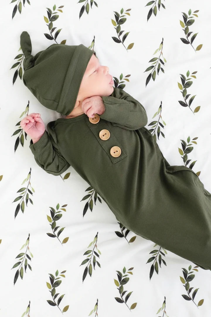 Caden Lane | Solid Olive Bamboo Baby Knot Gown & Hat