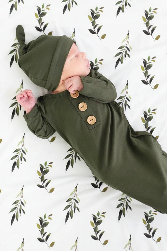 Solid Olive Bamboo Baby Knot Gown & Hat