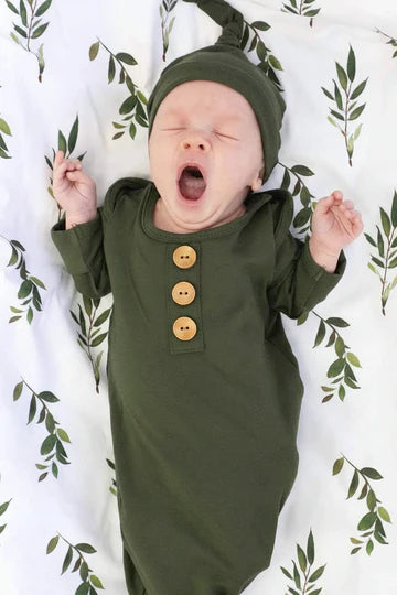 Solid Olive Bamboo Baby Knot Gown & Hat